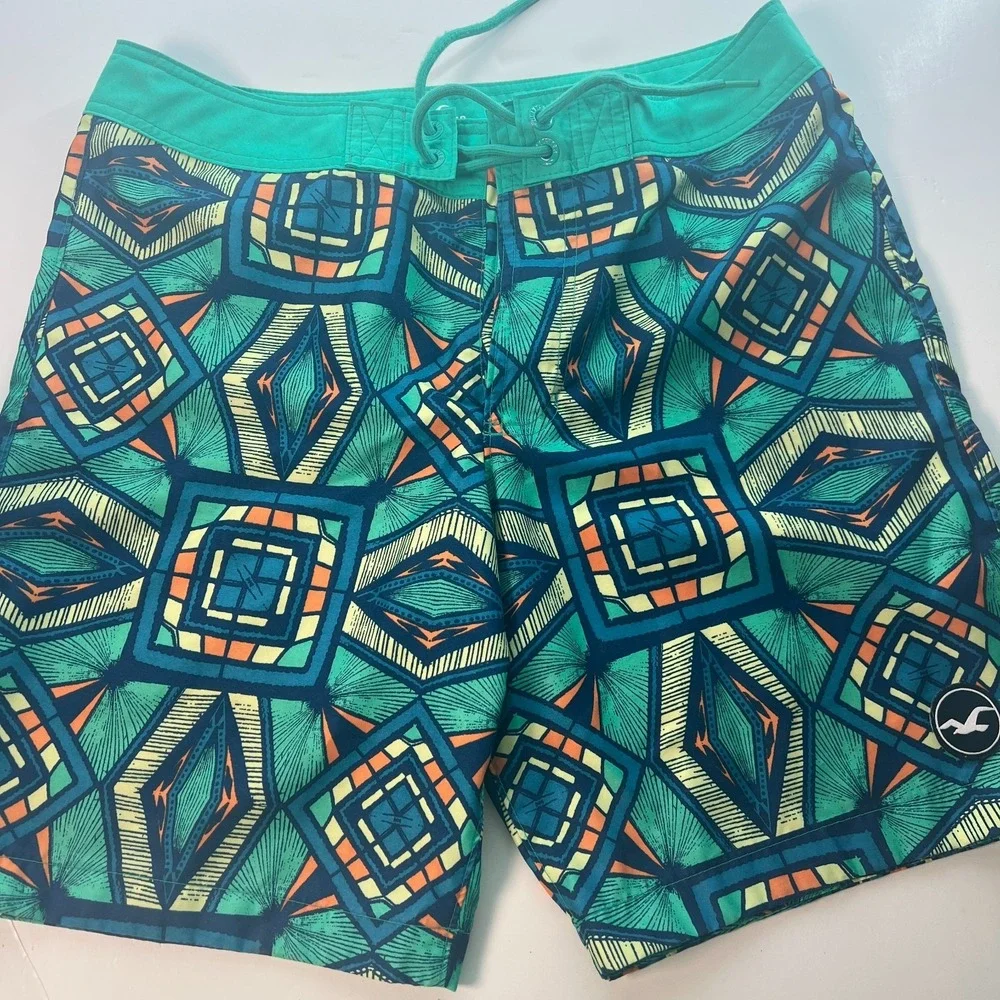 Hollister Mens Swim Shorts Sz 32 Multicolor Geometric Print Boardshorts W34 L8.5